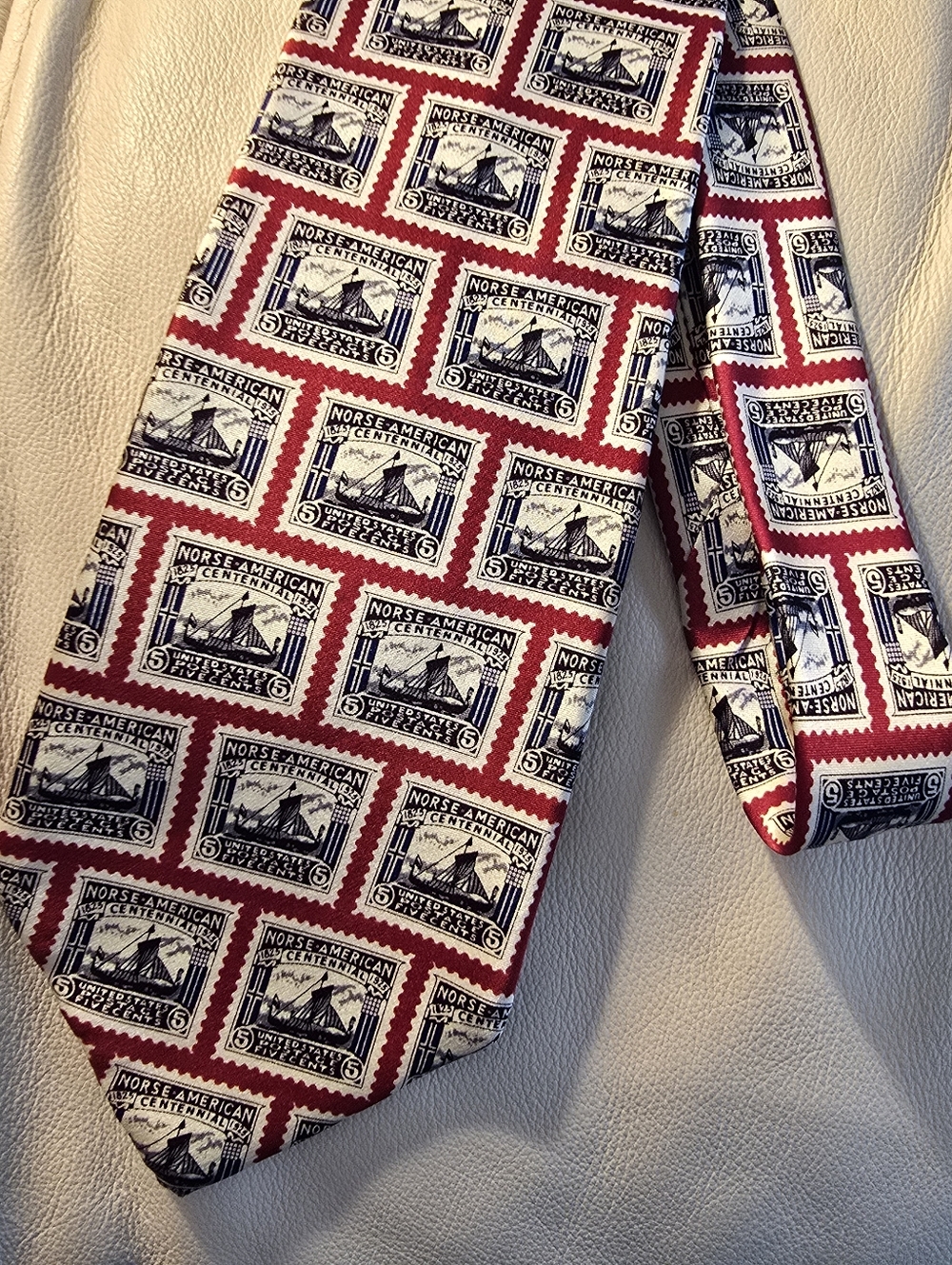 Museum Artifacts Men's 1825 Norse American Centennial Postage Stamp Silk Necktie